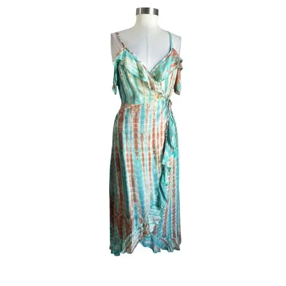 Khush Cold Shoulder Wrap Maxi Dress Boho Resort Vacation Floral L - Picture 2 of 10